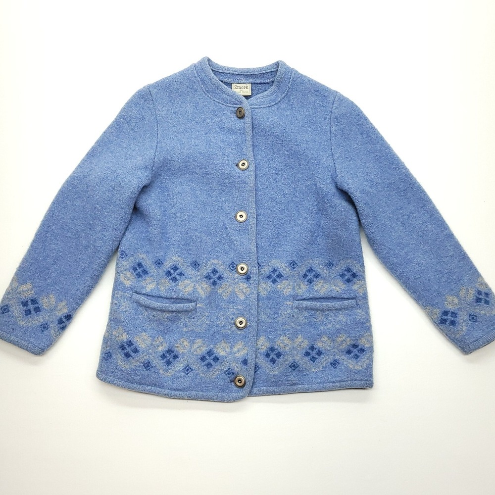 Zmork Sweater Women 42 M Blue 100% Wool Fair Isle Long Sleeve Cardigan Spain VTG